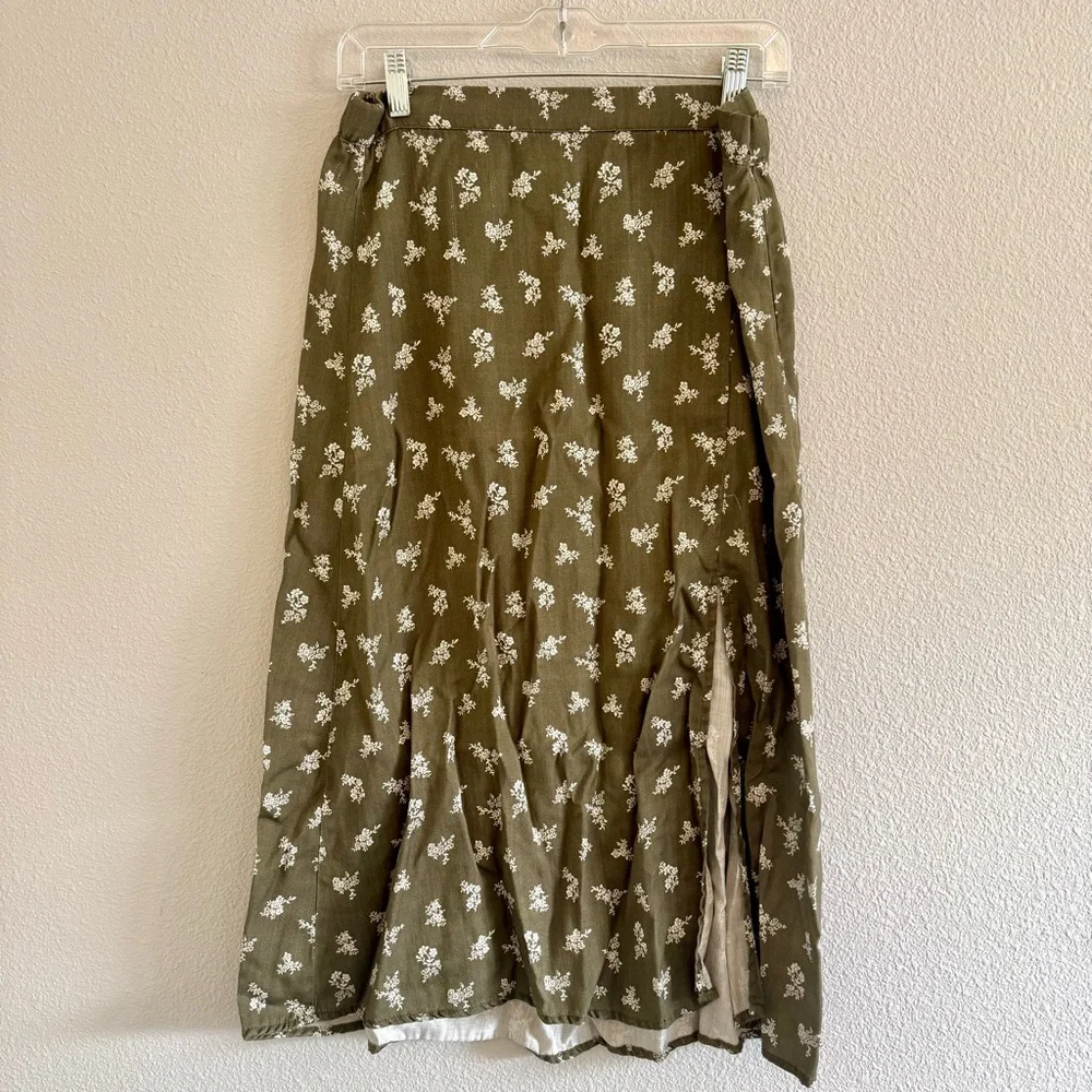 Thread & Supply Olive Midi A-Line Skirt with Slit - Picture 2 of 10